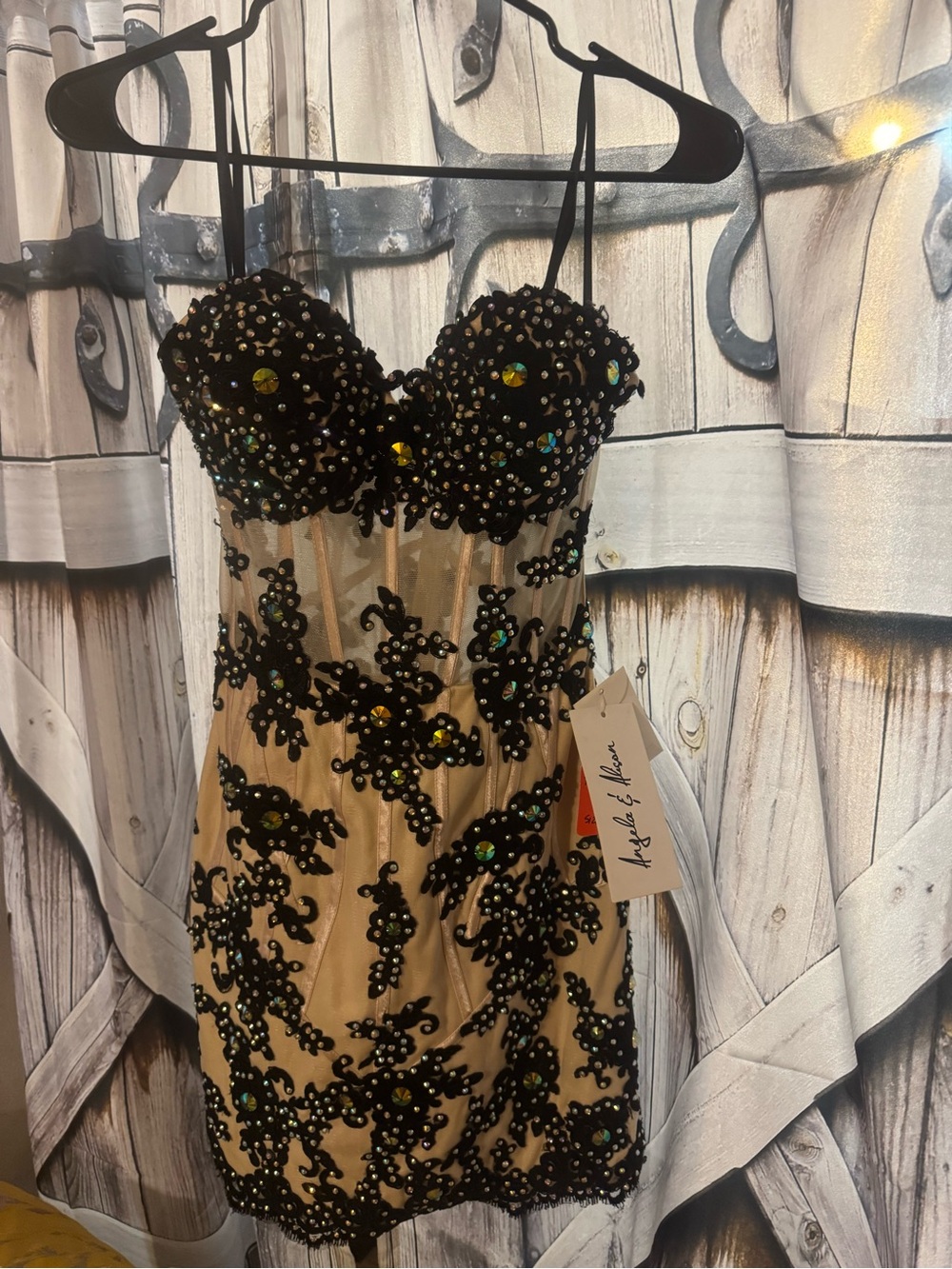 Angela & Alison Black Sequin-Embellished Nude Illusion Mini Dress